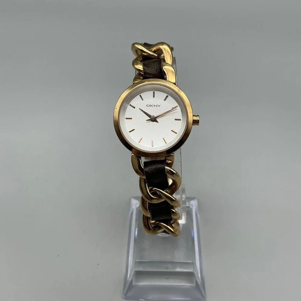 DKNY Womens Watch 26mm Gold Tone Leather Chain Bracelet New Battery 7.5